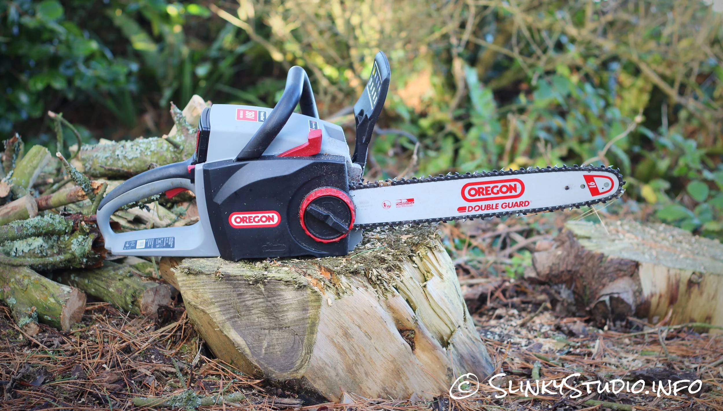 Oregon CS300 Cordless Chainsaw Review Self sharpening blade Slinky Studio